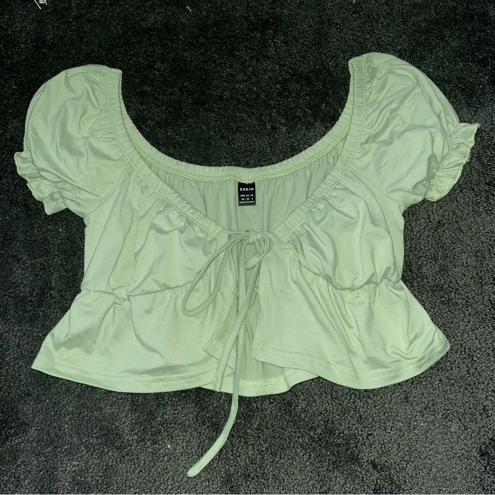 SHEIN Mint Green Peplum Puff Sleeve Tie Top